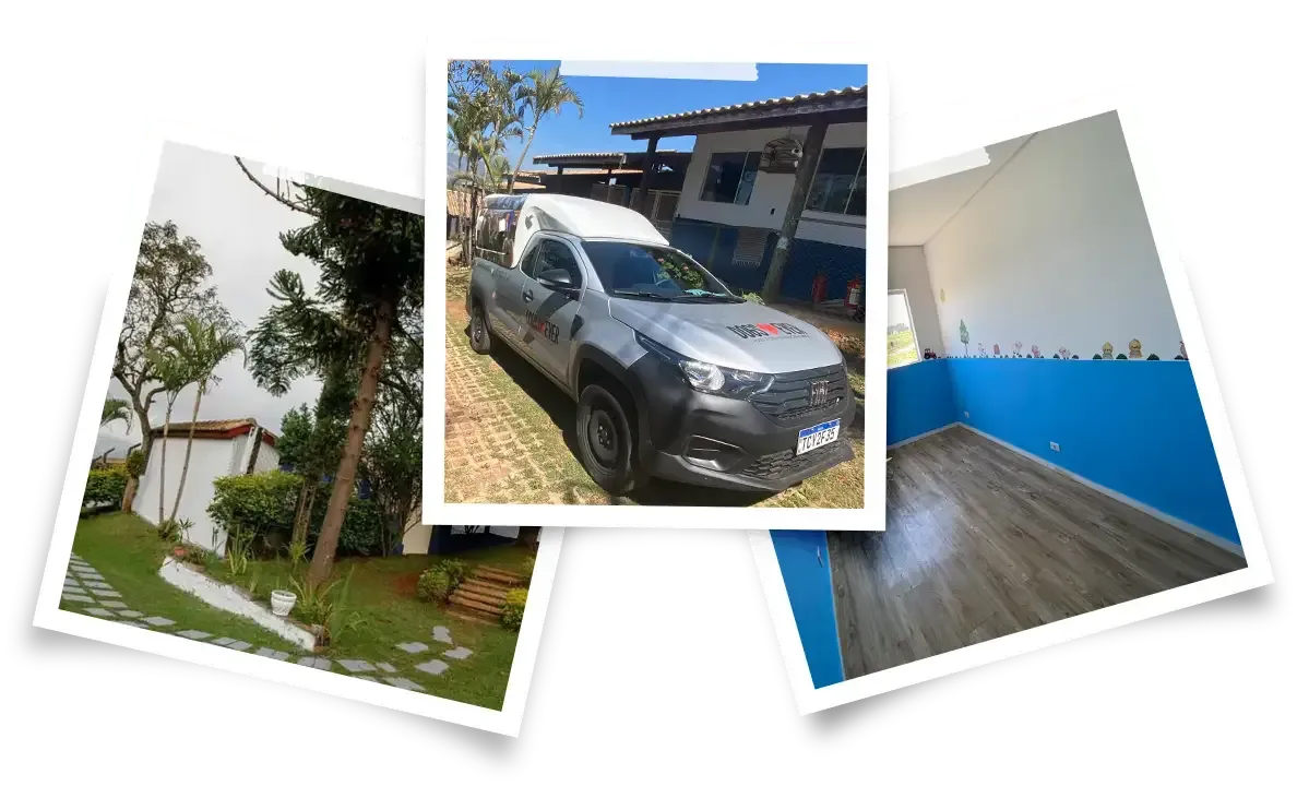 Colagem de fotos da Dogs 4ever: jardim com área verde, van do pet táxi da casa e sala interna dos canis